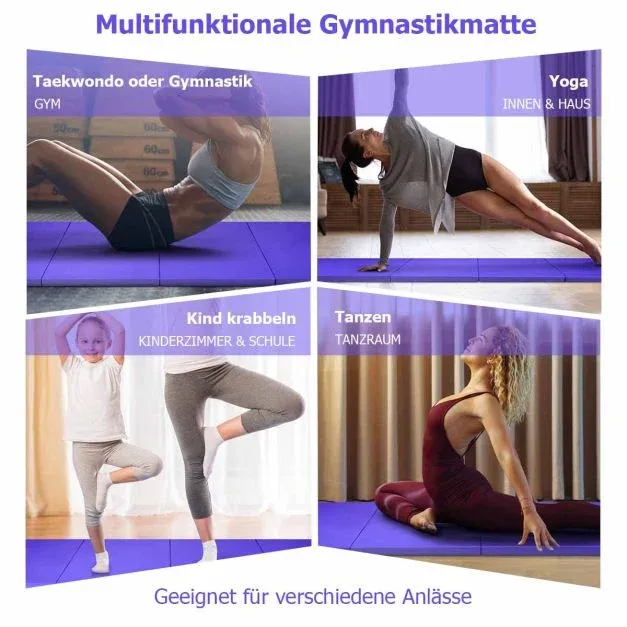 Grosse faltbare Gymnastikmatten 300 x 116 x 5 cm mit Klettverschlüssen und praktischem Griff dicke Yogamatte aus Kunstleder Lila