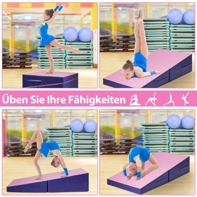 Schräge Gymnastikmatte keilförmige Weichbodenmatte klappbar 2 in 1 Turnmatte mit Tragegriff 150 x 75 x 36 cm Rosa+Lila