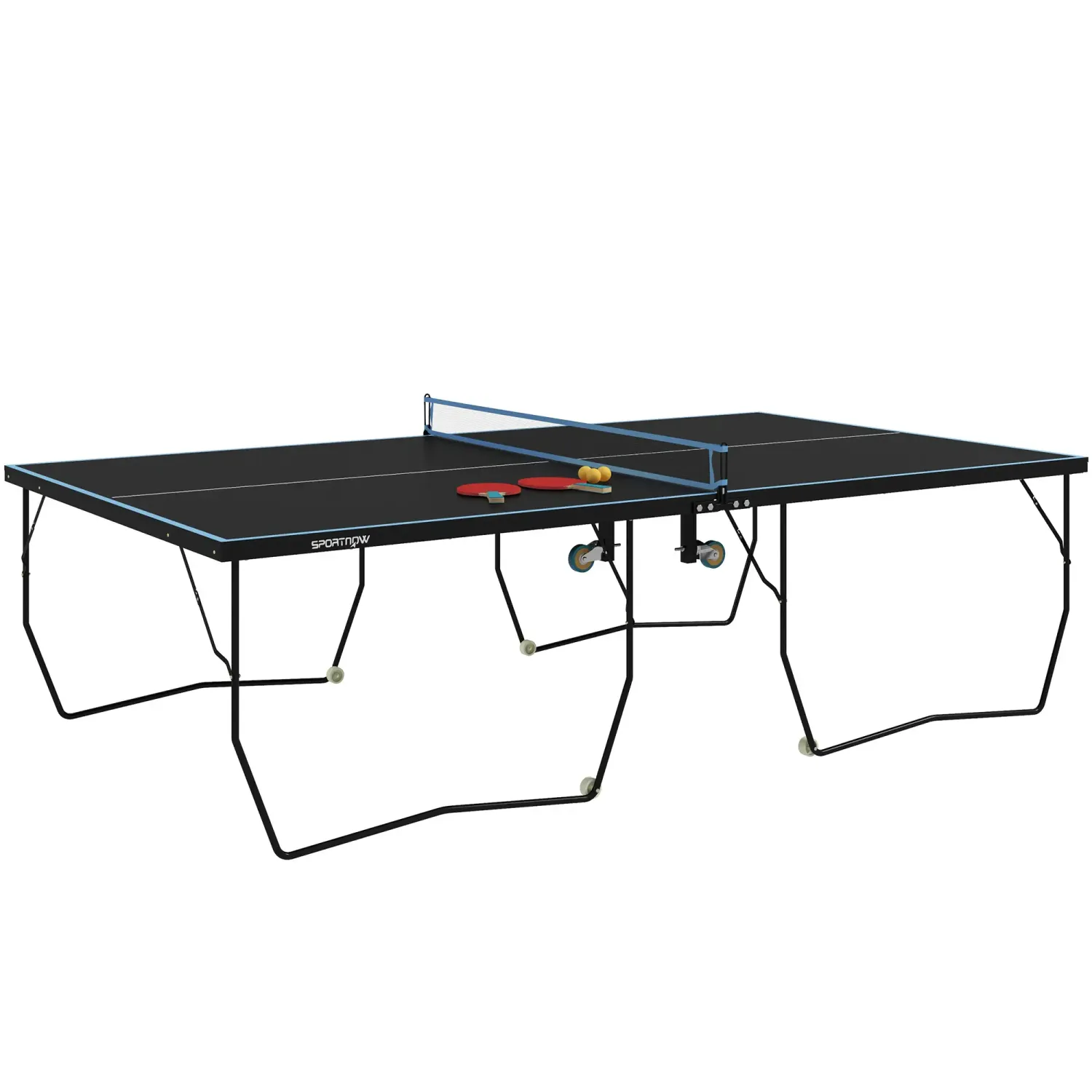 Tischtennisplatte klappbar, 8 Räder, inkl. Schläger und Bälle, schwarz