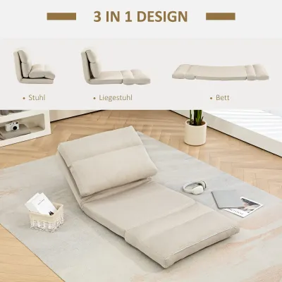 Bodensessel mit Bettfunktion, neigbare Lehne, klappbar, bis 120kg, 70 x 41 x 56 cm, Beige