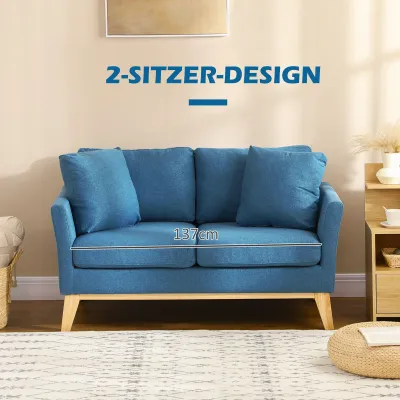 2-Sitzer-Sofa Doppelsofa Couch, 2 Kissen, 137 cm x 78 cm x 78 cm, Blau + Natur