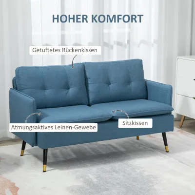 2er-Sofa im Retrodesign, mit Knopfheftung, Sofa, Leinenoptik, Dunkelblau