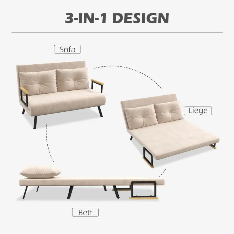 3 in 1 Schlafsofa 2er-Sofa Samtsofa, Gästebett, inkl. 2 Kissen, Samtoptik, Natur + Beige + Schwarz