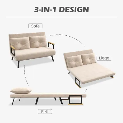 3 in 1 Schlafsofa 2er-Sofa Samtsofa, Gästebett, inkl. 2 Kissen, Samtoptik, Natur + Beige + Schwarz