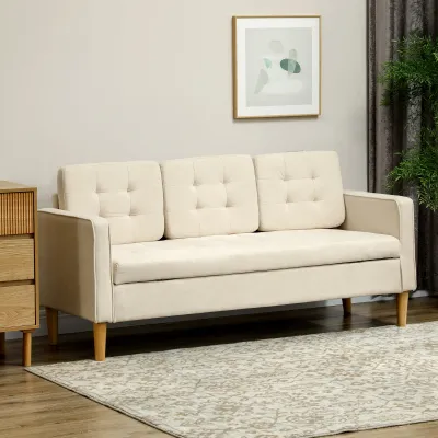 3-Sitzer Sofa mit Stauraum, Knopfheftung, Polstercouch, 166,5 x 62 x 82 cm, Cremeweiss