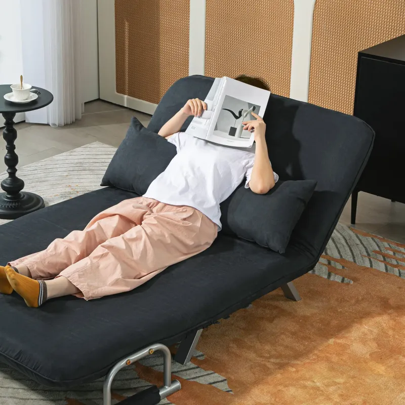 Schlafsofa, Gästebett, 5-fach verstellbar, Wildlederimitat, Stahlrahmen, inkl. Kissen, Schwarz