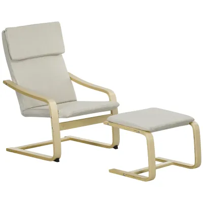 Loungesessel mit Hocker, Bezug in Leinenoptik, Holzrahmen, bis 120 kg, Cremeweiss/Natur
