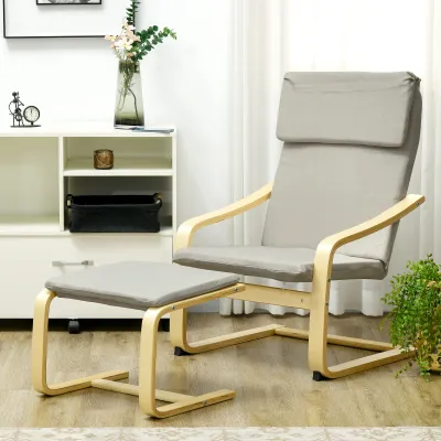 Loungesessel mit Hocker Cremeweiss/Natur Leinenoptik, Holzrahmen, bis 120 kg