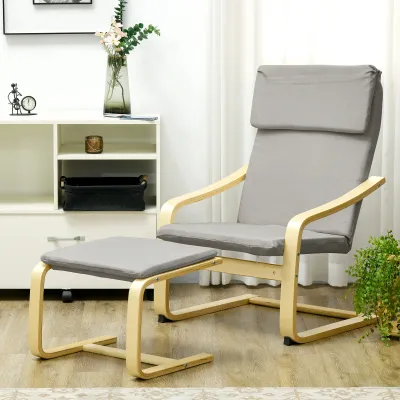 Loungesessel mit Hocker Hellgrau/Natur Leinenoptik, Holzrahmen, bis 120 kg