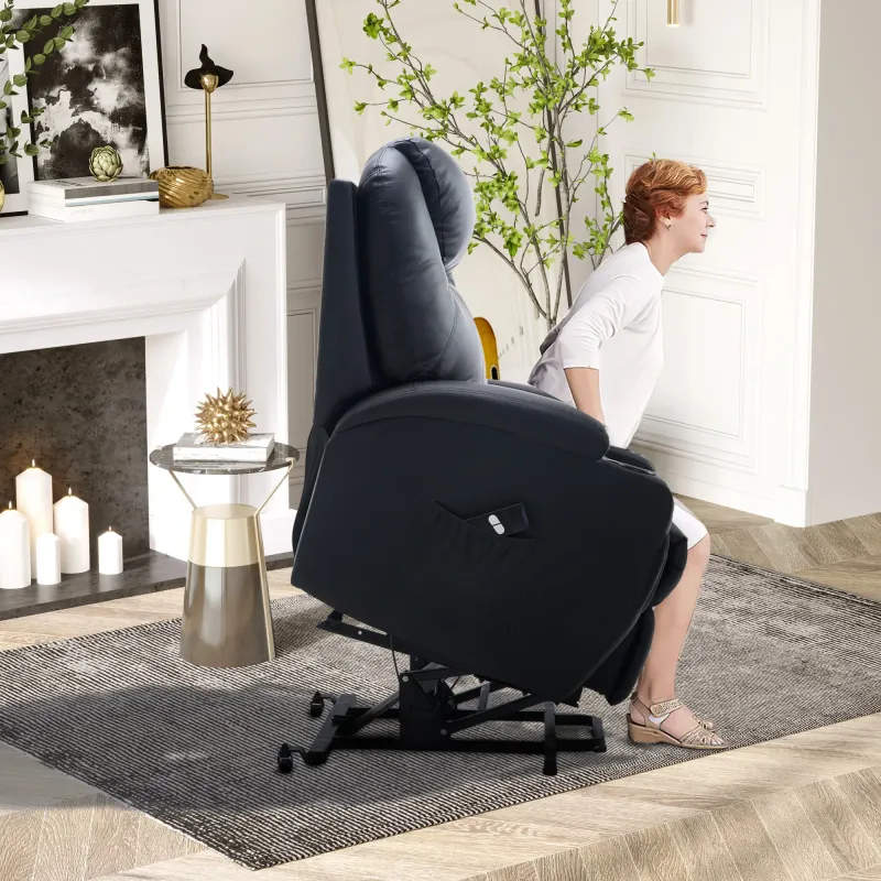 Fernsehsessel mit Aufstehhilfe, Aufstehsessel Seniorensessel mit Liegefunktion, TV-Sessel mit Becherhalter, Seitentasche und Fernbedienung, Kunstleder, Schwarz