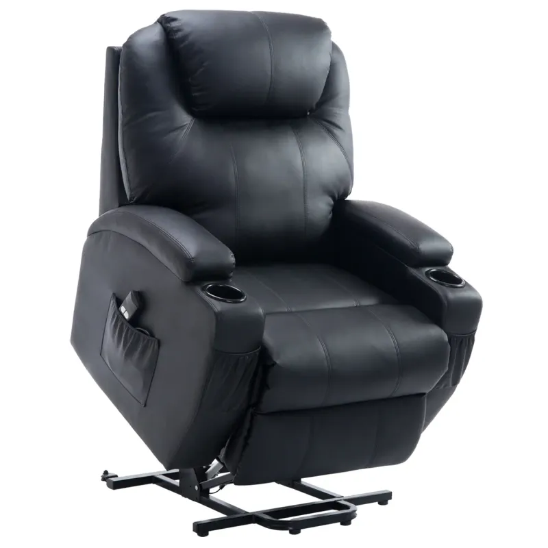 Fernsehsessel mit Aufstehhilfe, Aufstehsessel Seniorensessel mit Liegefunktion, TV-Sessel mit Becherhalter, Seitentasche und Fernbedienung, Kunstleder, Schwarz