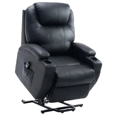 Fernsehsessel mit Aufstehhilfe, Aufstehsessel Seniorensessel mit Liegefunktion, TV-Sessel mit Becherhalter, Seitentasche und Fernbedienung, Kunstleder, Schwarz