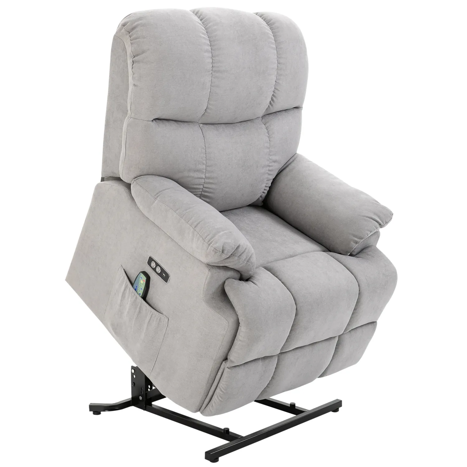 Elektrischer Aufstehsessel, Massagesessel für Senioren mit 2 Getränkehaltern, Seitentaschen und Fernbedienung, 84×100×105 cm, Grau