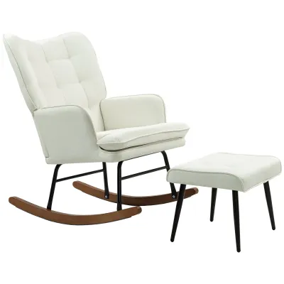 Schaukelstuhl mit Hocker, sanftes Schaukelsystem, Leinenimitat, 64 x 89 x 90 cm, Cremeweiss