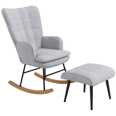 Schaukelstuhl mit Ottomane Skandidesign Schaukelsessel mit Fusshocker,  Grau