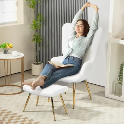 Ohrensessel mit Hocker Weiss, Sherpa-Bezug, vergoldete Metallbeine, bis 120 kg