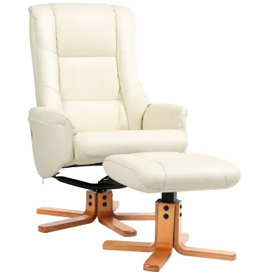 Relaxsessel mit Hocker, Liegefunktion, Kunstlederbezug, bis 150 kg, 71 x 84 x 102 cm, Cremeweiss