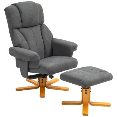 Verstellbarer Sessel mit Fusshocker mit hoher Lehne und Holzrahmen für Wohnzimmer, Schlafzimmer, Dunkelgrau