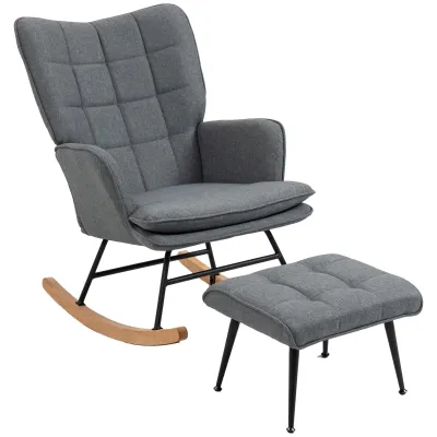 Schaukelstuhl mit Hocker, komfortabel, bis 130 kg, Leinenoptik, 64x89x90cm, Grau