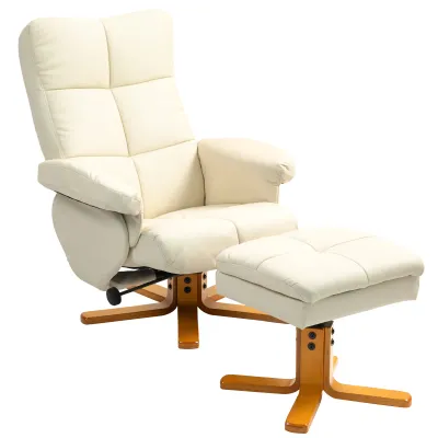 Relaxsessel mit Hocker, 145° neigbare Rückenlehne, 360° drehbar, Kunstleder, Cremeweiss