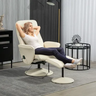 Massagesessel mit Fusshocker, Ergonomischer Stuhl mit 10 Vibrationspunkten, Kunstleder, 76 x 81 x 105 cm, Cremeweiss