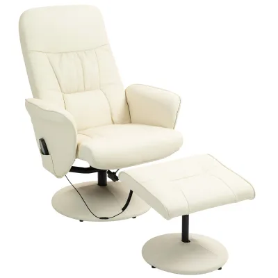 Massagesessel mit Fusshocker, Ergonomischer Stuhl mit 10 Vibrationspunkten, Kunstleder, 76 x 81 x 105 cm, Cremeweiss