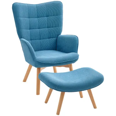 Akzentsessel mit Hocker, Relaxsessel in Cord-Optik, Armlehnstuhl mit Holzbeinen, für Wohnzimmer, Blau