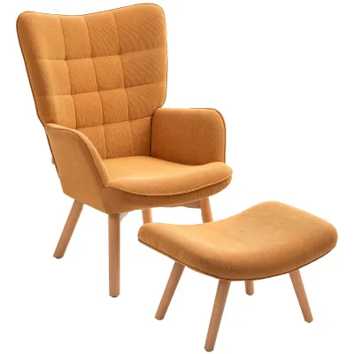 Akzentsessel mit Hocker, Relaxsessel in Cord-Optik, Armlehnstuhl mit Holzbeinen, für Wohnzimmer, braun