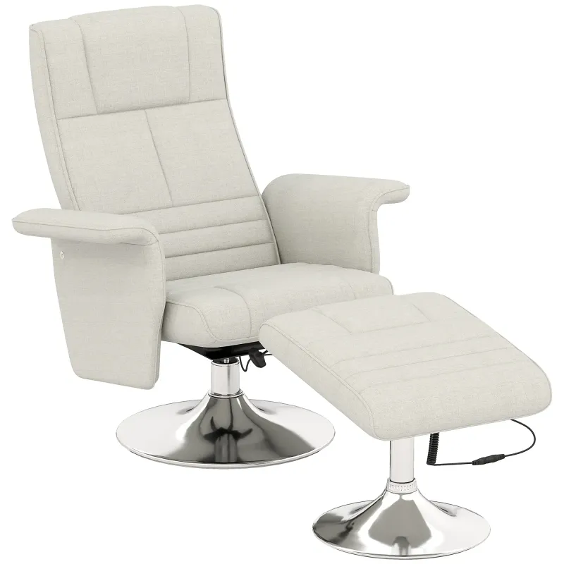 Massagesessel mit Hocker, neigbare Lehne, 78 x 95 x 88 cm, Cremeweiss