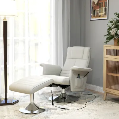 Massagesessel mit Hocker, neigbare Lehne, 78 x 95 x 88 cm, Cremeweiss
