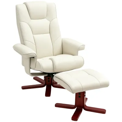 Relaxsessel mit Hocker, Lederoptik, neigbare Lehne, bis 150 kg, Cremeweiss