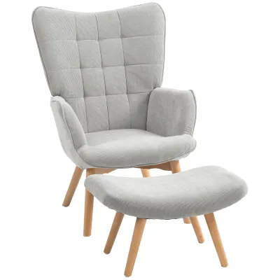 Akzentsessel mit Hocker, Relaxsessel in Cord-Optik, Armlehnstuhl mit Holzbeinen, für Wohnzimmer, grau