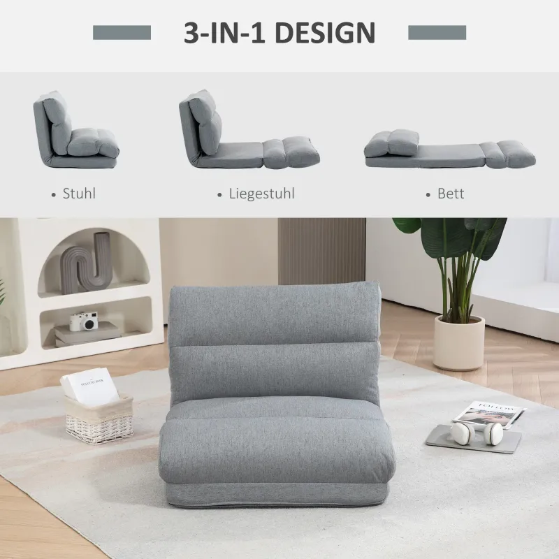 Bodensessel mit Bettfunktion, neigbare Lehne, klappbar, bis 120kg, 70 x 41 x 56 cm, Grau