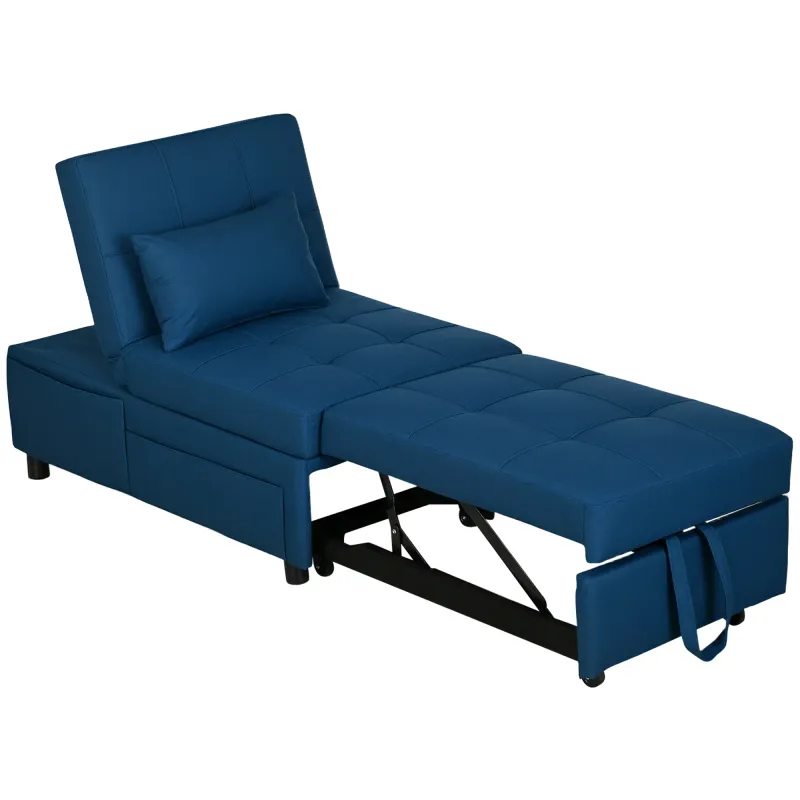 3-in-1 Klappsessel mit Seitentasche, Gästebett mit Kissen, Verstellbarer Rückenlehne, Bettsessel mit Rollen, Blau