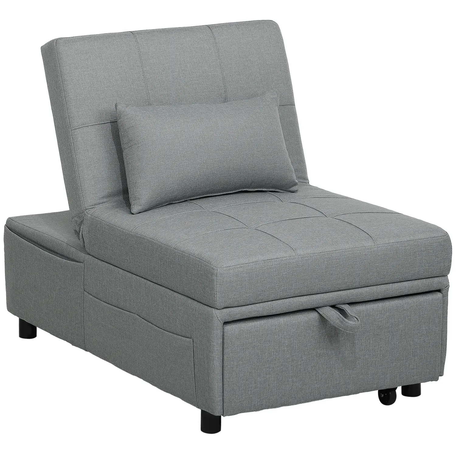 3-in-1 Klappsessel mit Seitentasche, Gästebett mit Kissen, Verstellbarer Rückenlehne, Bettsessel mit Rollen, Hellgrau