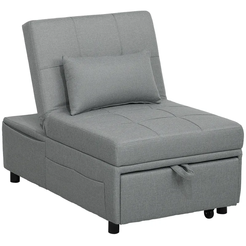 3-in-1 Klappsessel mit Seitentasche, Gästebett mit Kissen, Verstellbarer Rückenlehne, Bettsessel mit Rollen, Hellgrau