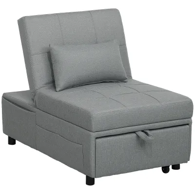 3-in-1 Klappsessel mit Seitentasche, Gästebett mit Kissen, Verstellbarer Rückenlehne, Bettsessel mit Rollen, Hellgrau