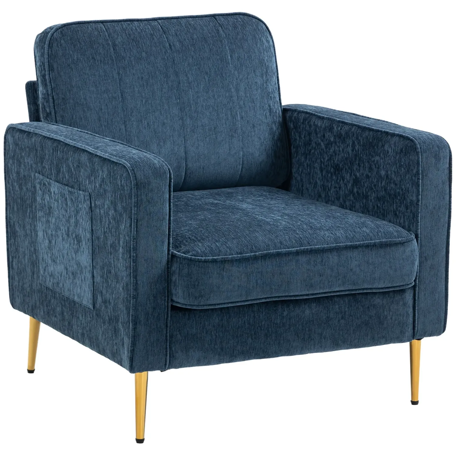 Stoffsessel mit goldenen Stahlbeinen, hoher Komfort, seitliche Taschen, für Wohnzimmer, Büro, Schlafzimmer, Blau