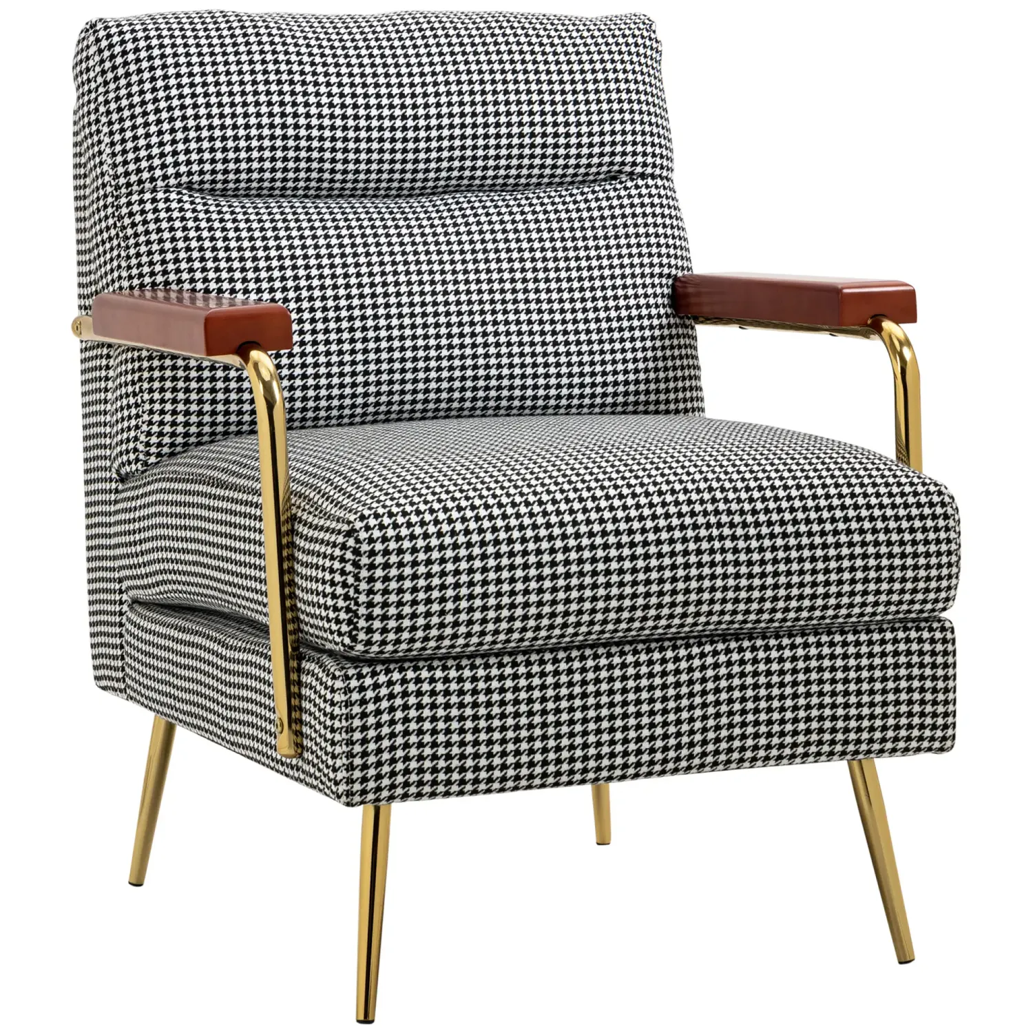 Sessel im Retrodesign, Akzentsessel, Hahnentrittmuster, Holzemelente, Federkern, Schwarz + Weiss