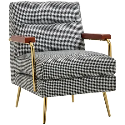 Sessel im Retrodesign, Akzentsessel, Hahnentrittmuster, Holzemelente, Federkern, Schwarz + Weiss