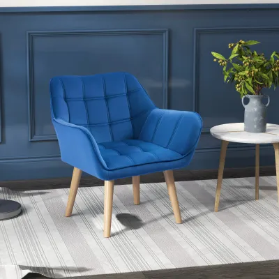 Polstersessel, Akzentsessel, Skandi Design, Samtoptik, bis 120 kg, Kautschukholzbeine, Blau