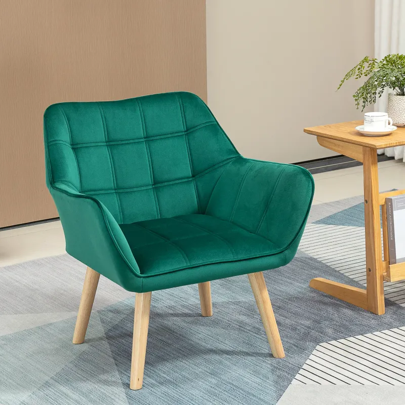 Polstersessel, Akzentsessel, Skandi Design, Samtoptik, bis 120 kg, Kautschukholzbeine, Grün