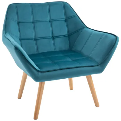 Polstersessel, Akzentsessel, Skandi Design, Samtoptik, bis 120 kg, Kautschukholzbeine, Hellblau