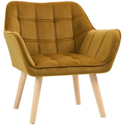 Polstersessel, Akzentsessel, Skandi Design, Samtoptik, bis 120 kg, Kautschukholzbeine, gelb