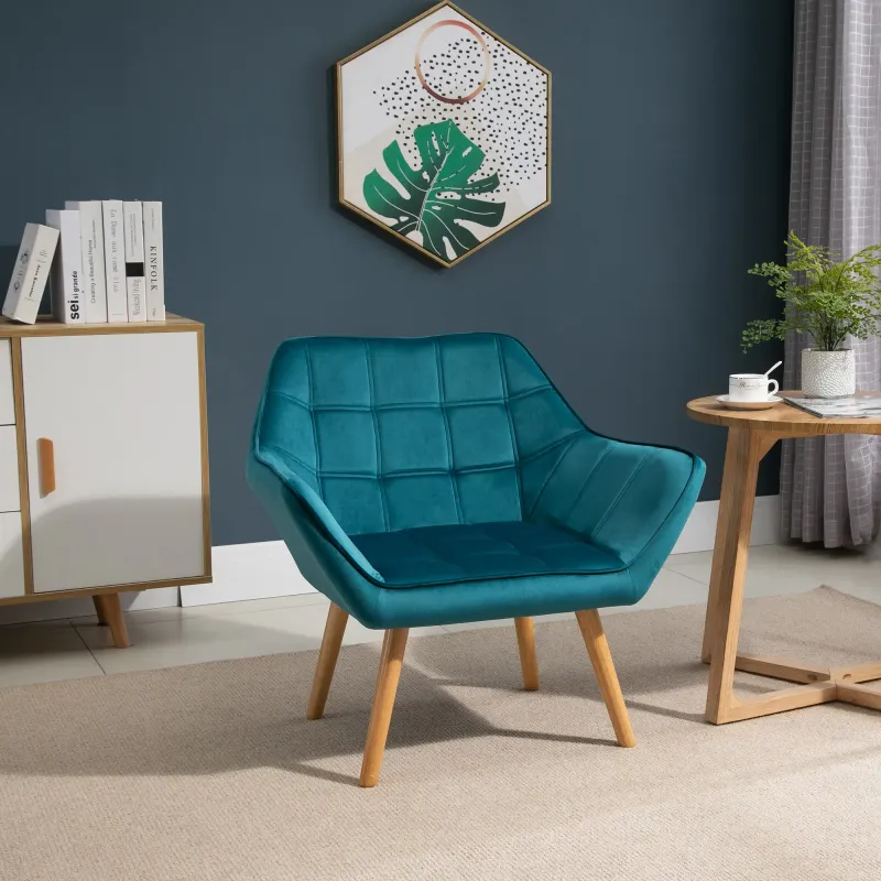 Polstersessel, Akzentsessel, Skandi Design, Samtoptik, bis 120 kg, Kautschukholzbeine, Hellblau