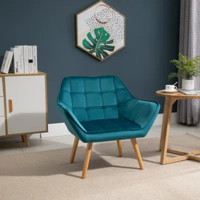 Polstersessel, Akzentsessel, Skandi Design, Samtoptik, bis 120 kg, Kautschukholzbeine, Hellblau
