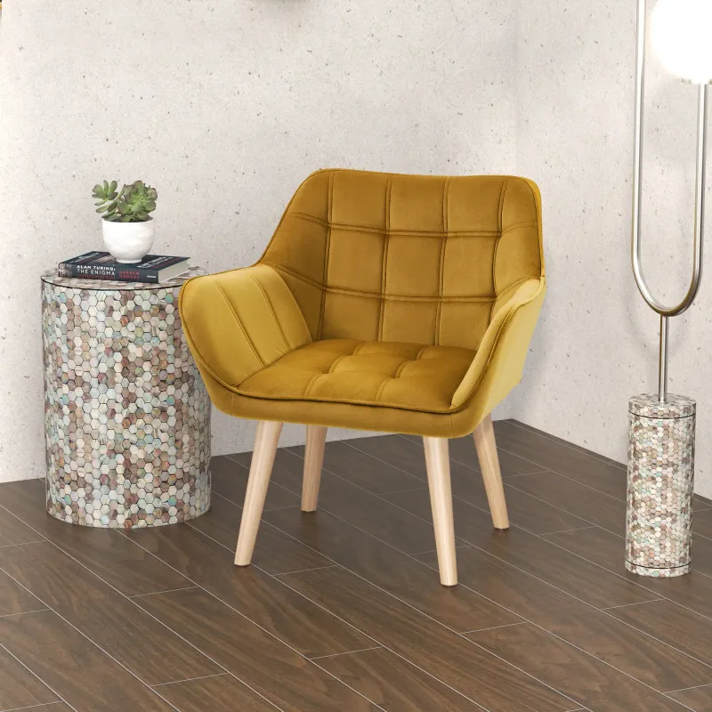 Polstersessel, Akzentsessel, Skandi Design, Samtoptik, bis 120 kg, Kautschukholzbeine, gelb