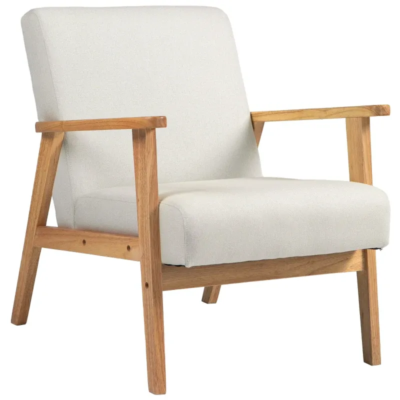 Loungesessel Lounge Relaxsessel Einfacher Sessel für Schlafzimmer Gestell aus Hevea-Holz Leinenbezug Creme