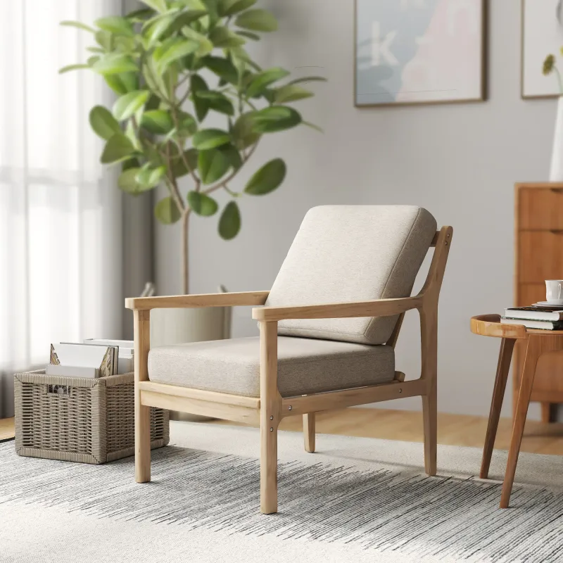Polsterstuhl mit Armlehnen, solidem Holzrahmen und abnehmbaren Kissen, für Wohnzimmer, Schlafzimmer, Beige