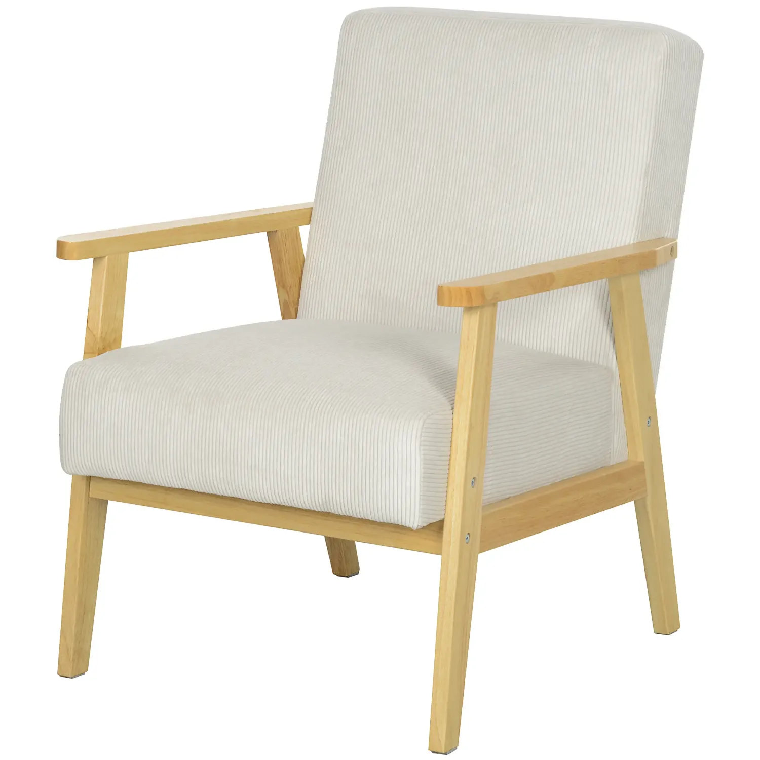 Moderner Sessel mit Armlehnen, mit Stoffbezug, aus Kautschukholz, Akzentsessel, trägt 120 kg, Cremeweiss